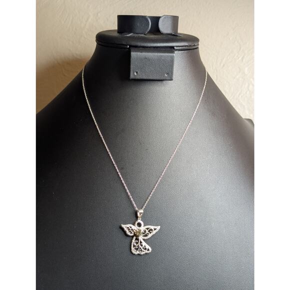 925 Sterling Silver Filigree Angel W/ 10K Yellow Gold Heart Pendant 18" Necklace - Picture 8 of 8